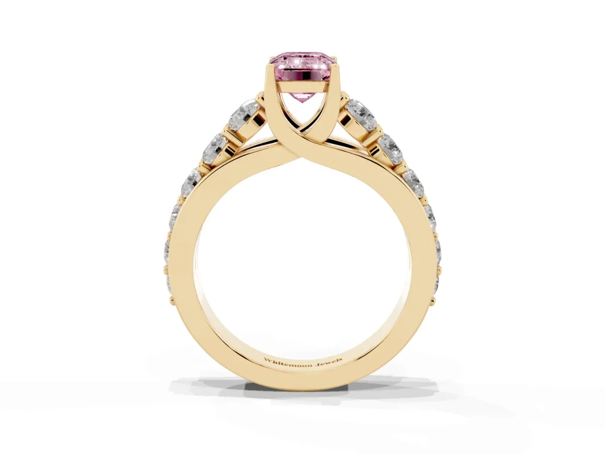 Fancy Pink Emerald Cut Diamond Engagement Ring with Pavé Band and Four-Prong Setting Yellow gold