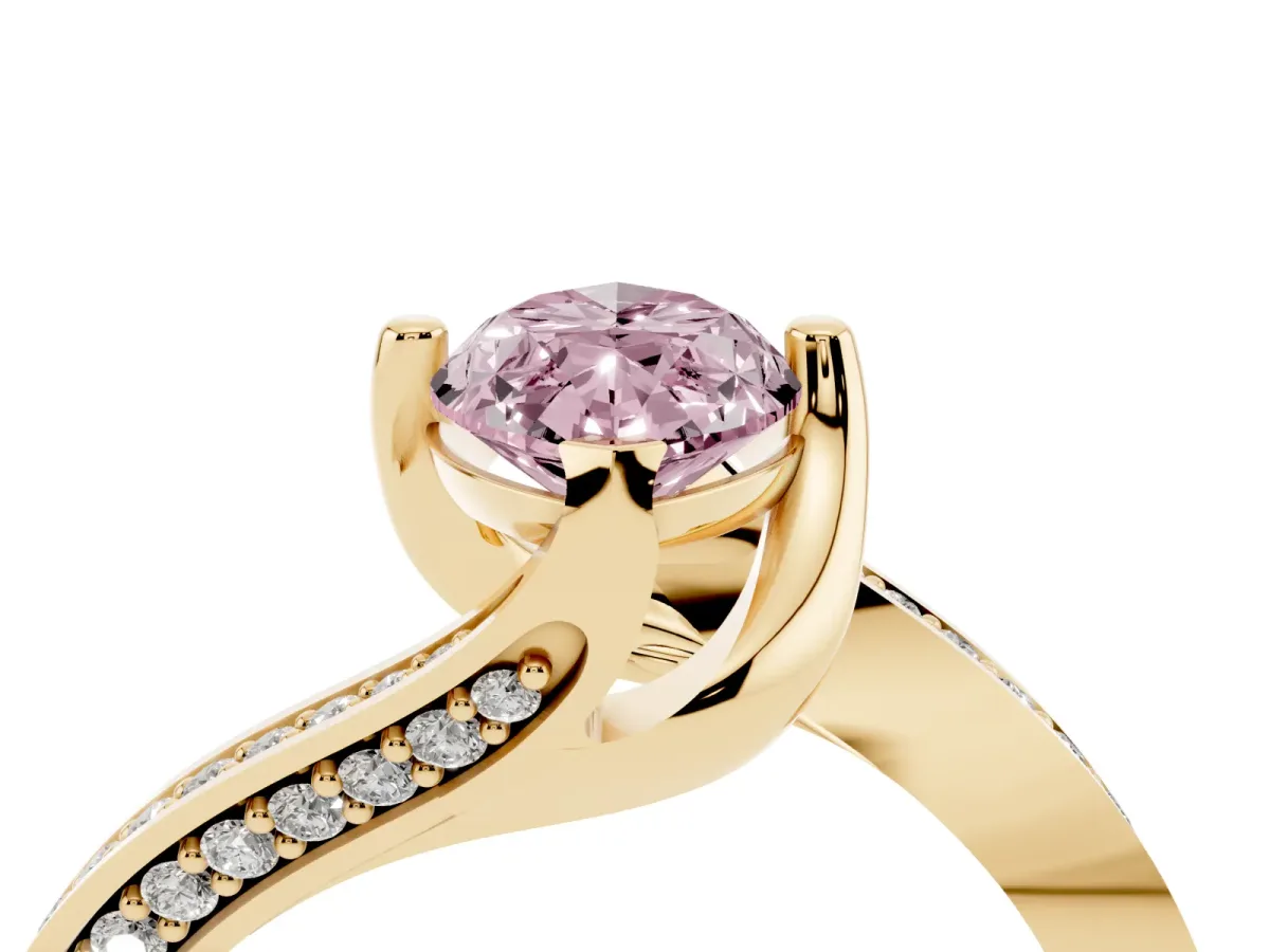 Fancy Pink Marquise Cut Solitaire Diamond Twist Band with Pavé Setting and Four-Prong Setting Yellow gold