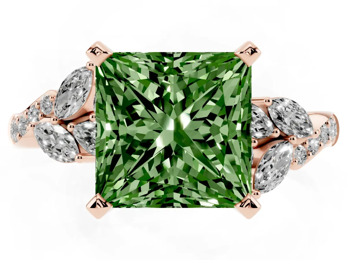 Fancy Green Princess Cut Solitaire Marquise Twist Band with Six-Prong Setting Rose gold