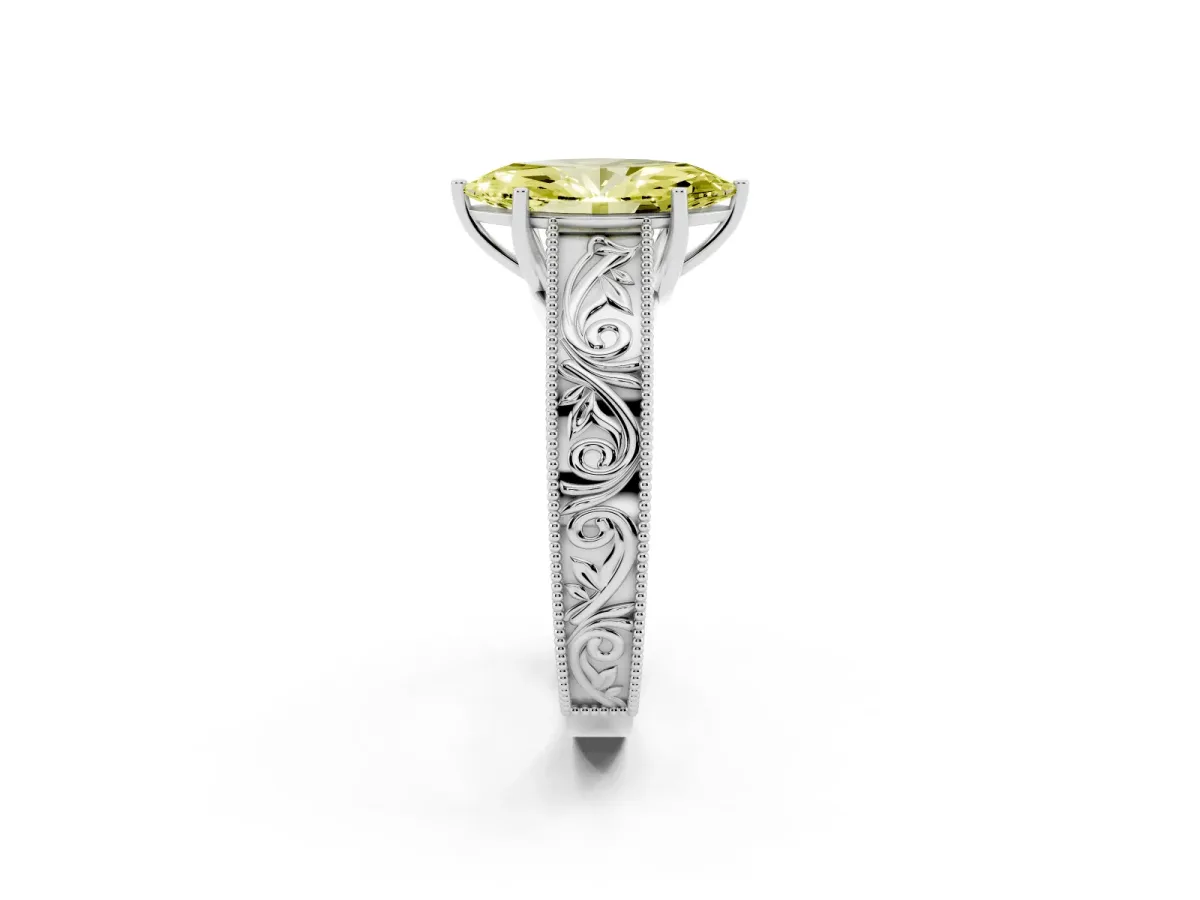 Fancy Yellow Marquise Cut Diamond Solitaire Ring with Engraved Band and Four-Prong Setting Silver