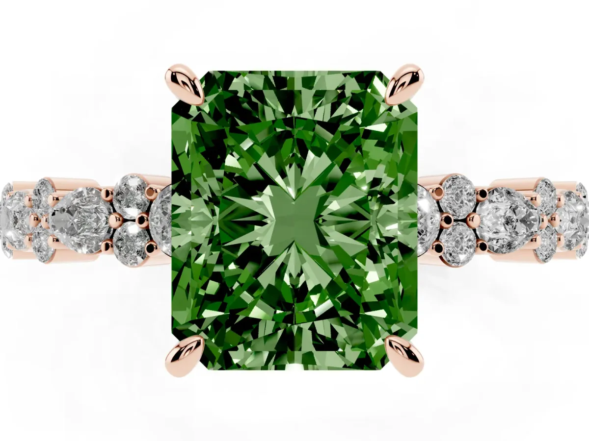 Fancy Green Radiant Cut Diamond Side Stone Solitaire Ring with Round and Four-Prong Setting Rose gold