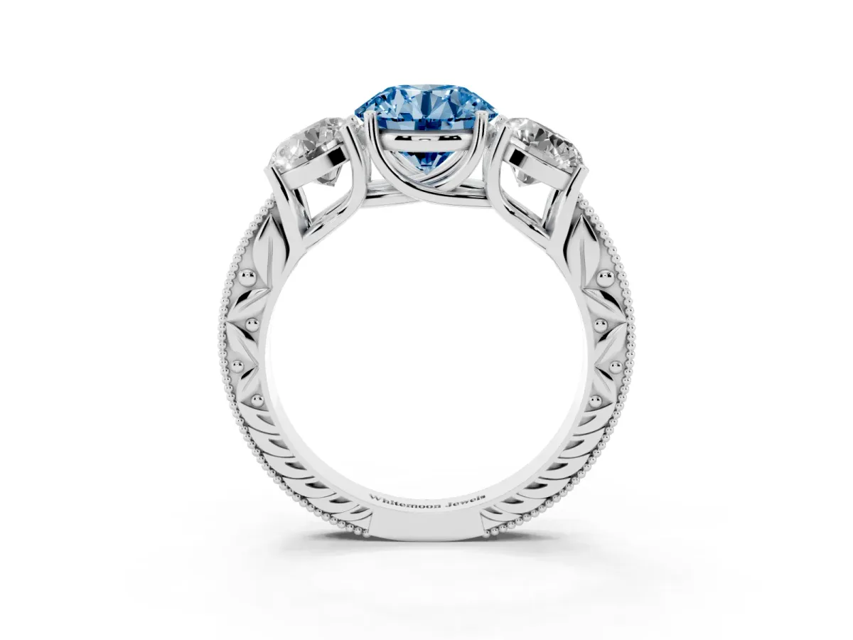 Fancy Blue Three-Stone Round Cut Cut Milgrain Pavé Engagement Ring Platinum