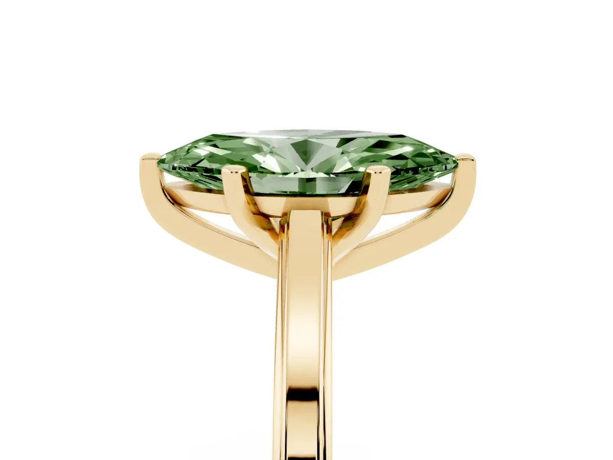 Fancy Green Marquise Cut Solitaire Diamond Ring with Four-Prong Setting and Classic Band Yellow gold