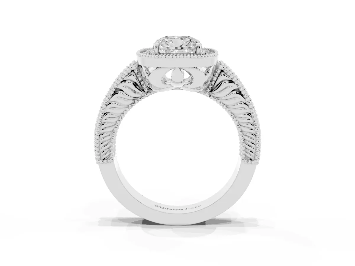 Cushion Cut Cut Halo Diamond Ring with Pavé Band and Four-Prong Setting Silver