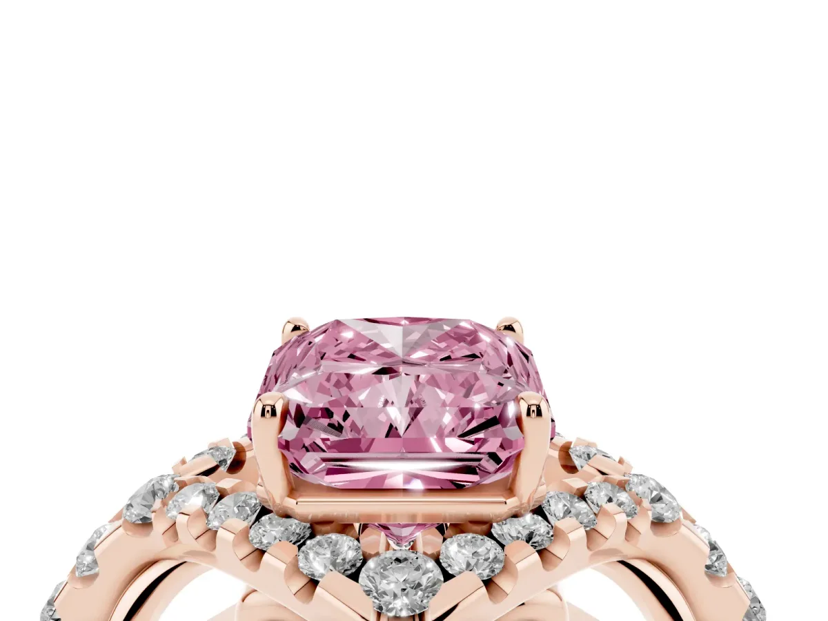 Fancy Pink Radiant Cut Diamond Solitaire Ring with Hidden Halo and Pavé Band Rose gold