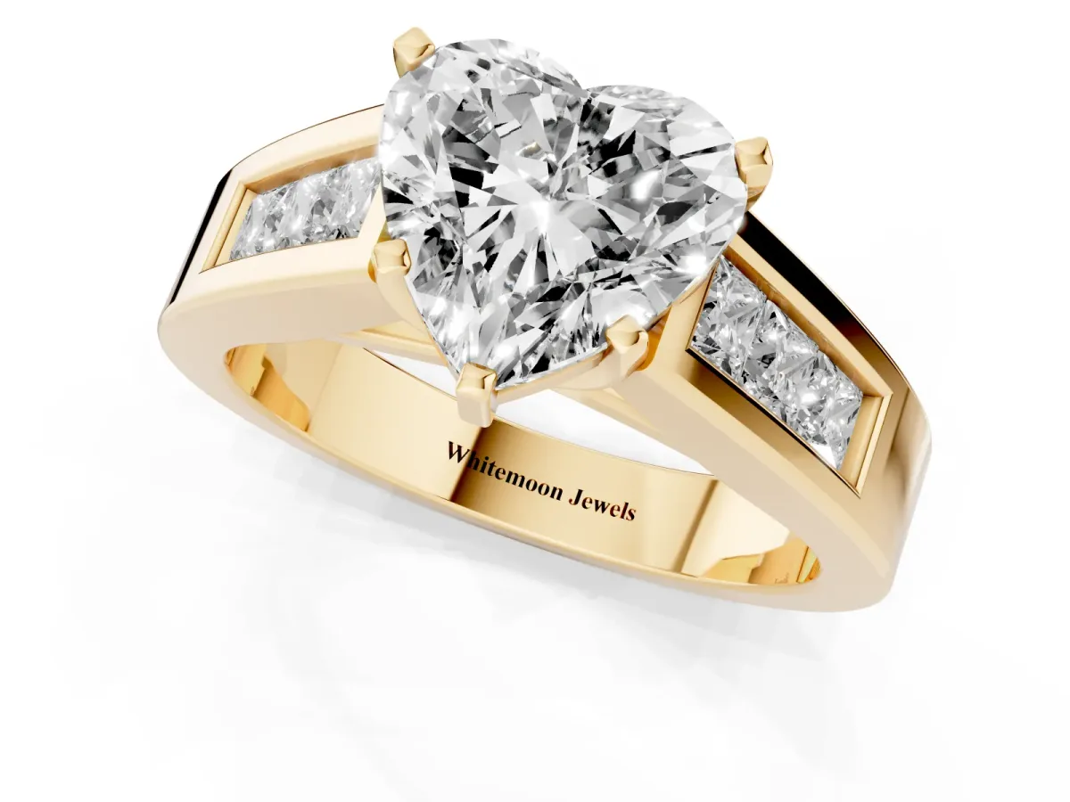 Heart Cut Cut Channel Set Solitaire Ring with Four-Prong Setting Yellow gold