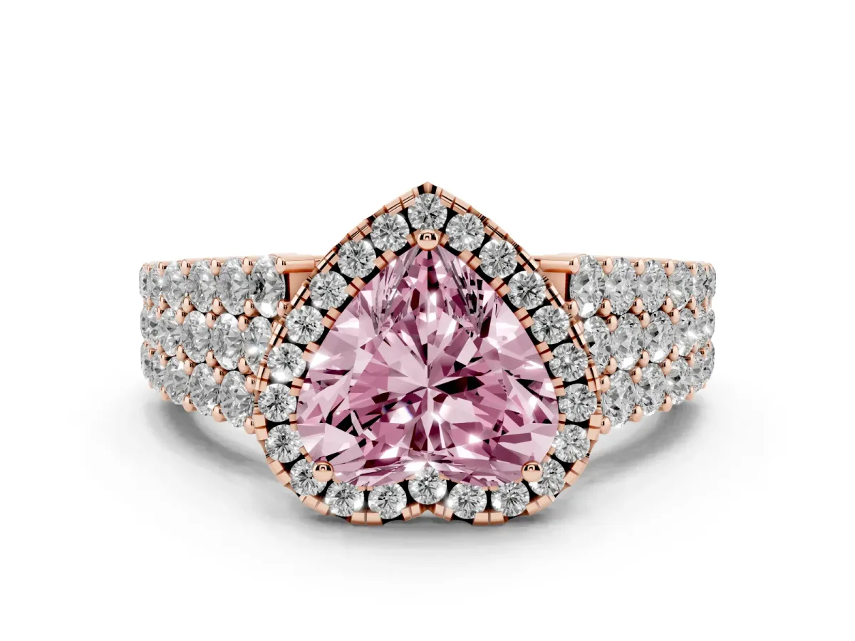 Fancy Pink Heart Cut Diamond Halo Engagement Ring with Triple Row Round Pavé Band and Prong Setting Rose gold