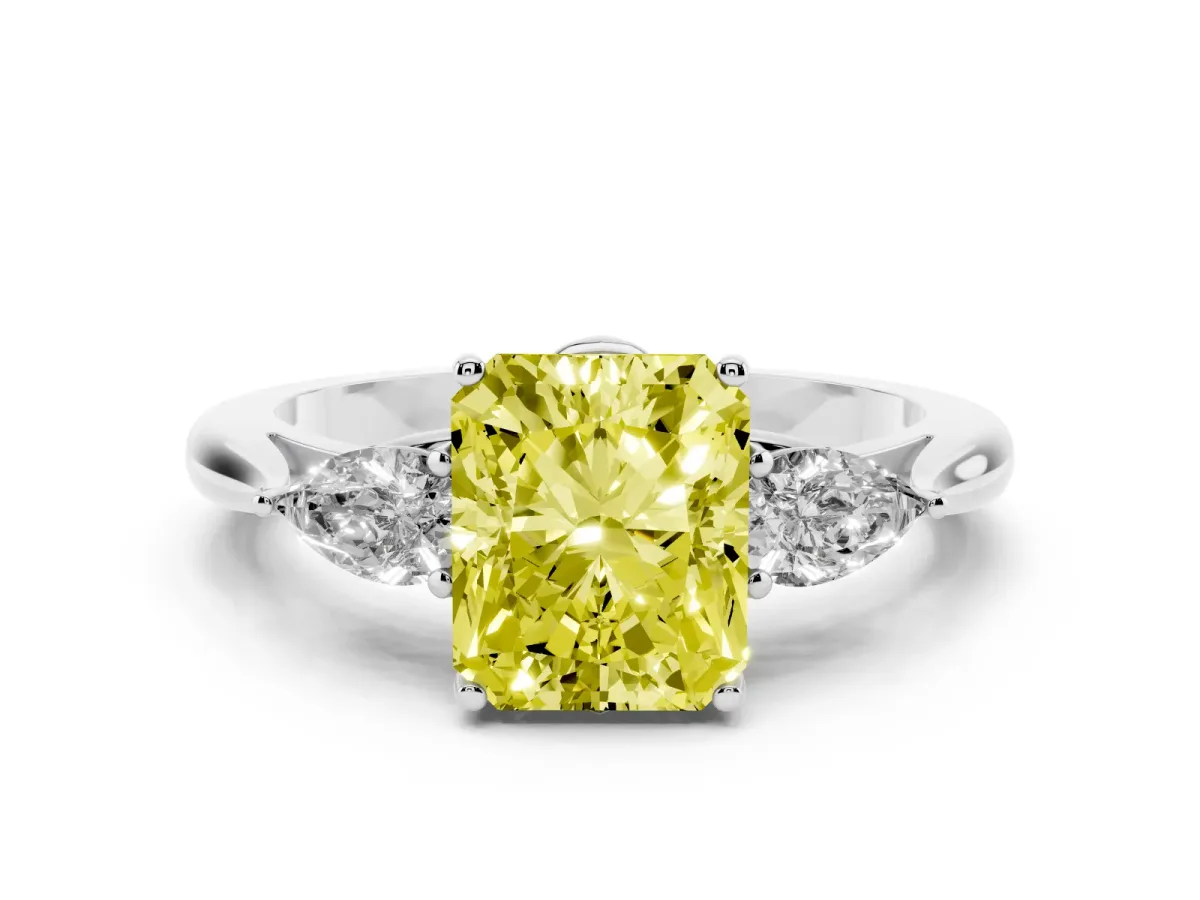 Fancy Yellow Three-Stone Radiant Cut Brilliant Diamond Solitaire Ring with Tapered Band and Four-Prong Setting Silver