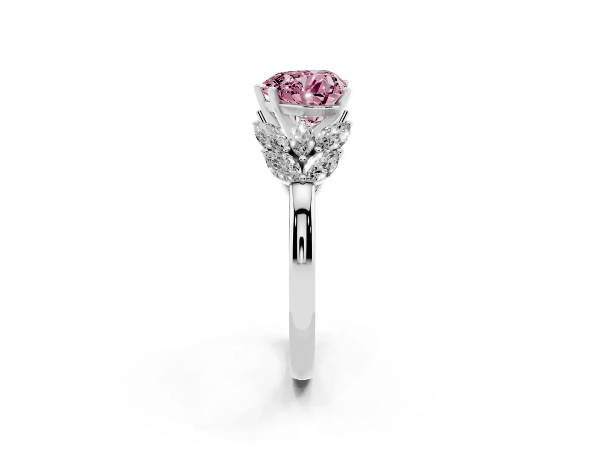 Fancy Pink Heart Cut Diamond Cluster Leaf Design Ring with Prong Setting Silver