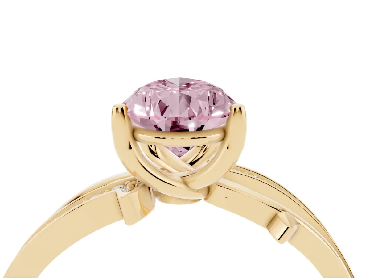 Fancy Pink Pear Cut Solitaire Twist Band with Pavé Accents and Four-Prong Setting Yellow gold