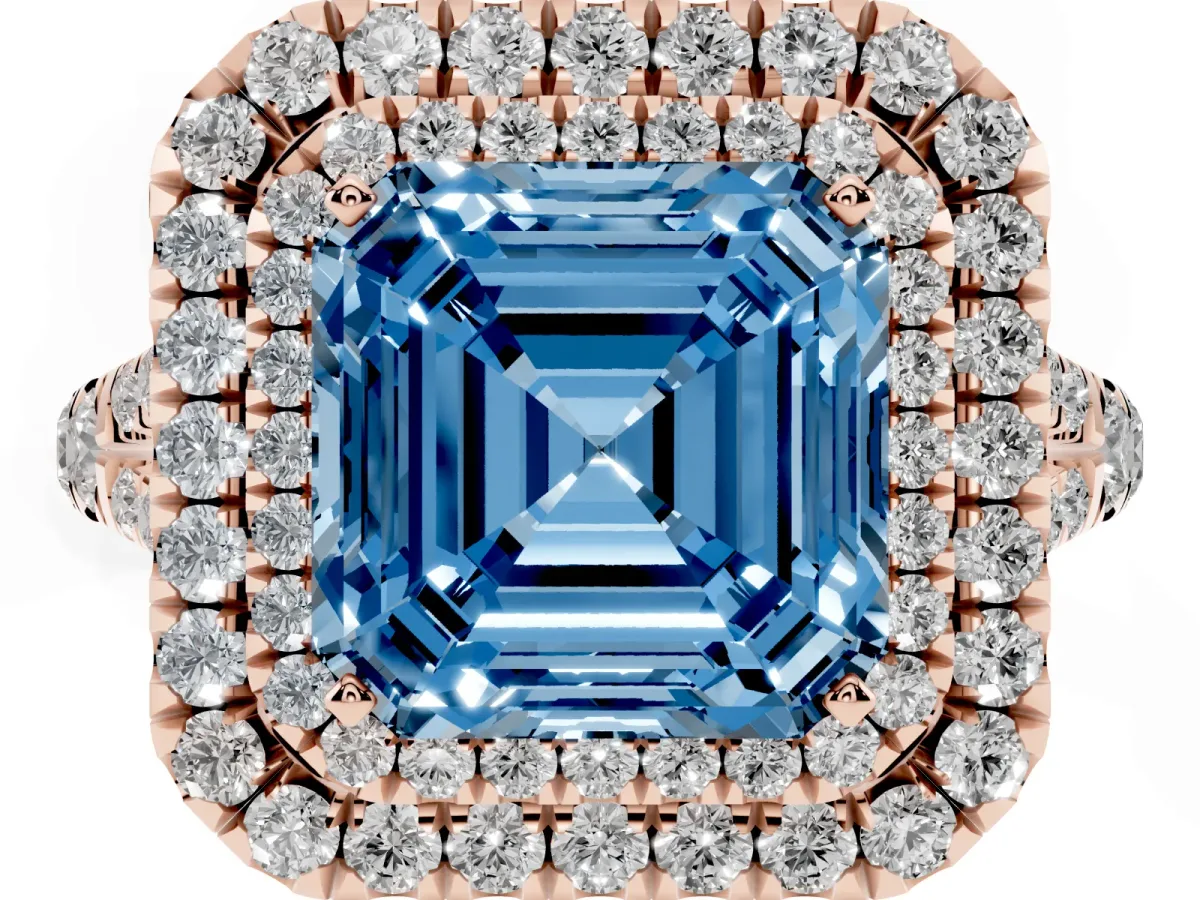 Fancy Blue Asscher Cut Cut Double Halo Split Shank Diamond Ring with Prong Setting Rose gold