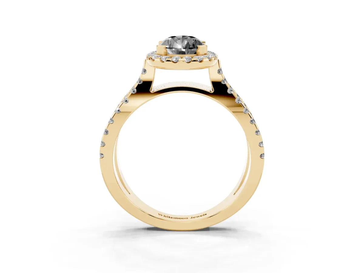 Fancy Black Pear Cut Diamond Halo Ring with Split Shank Pavé Band and Prong Setting Yellow gold