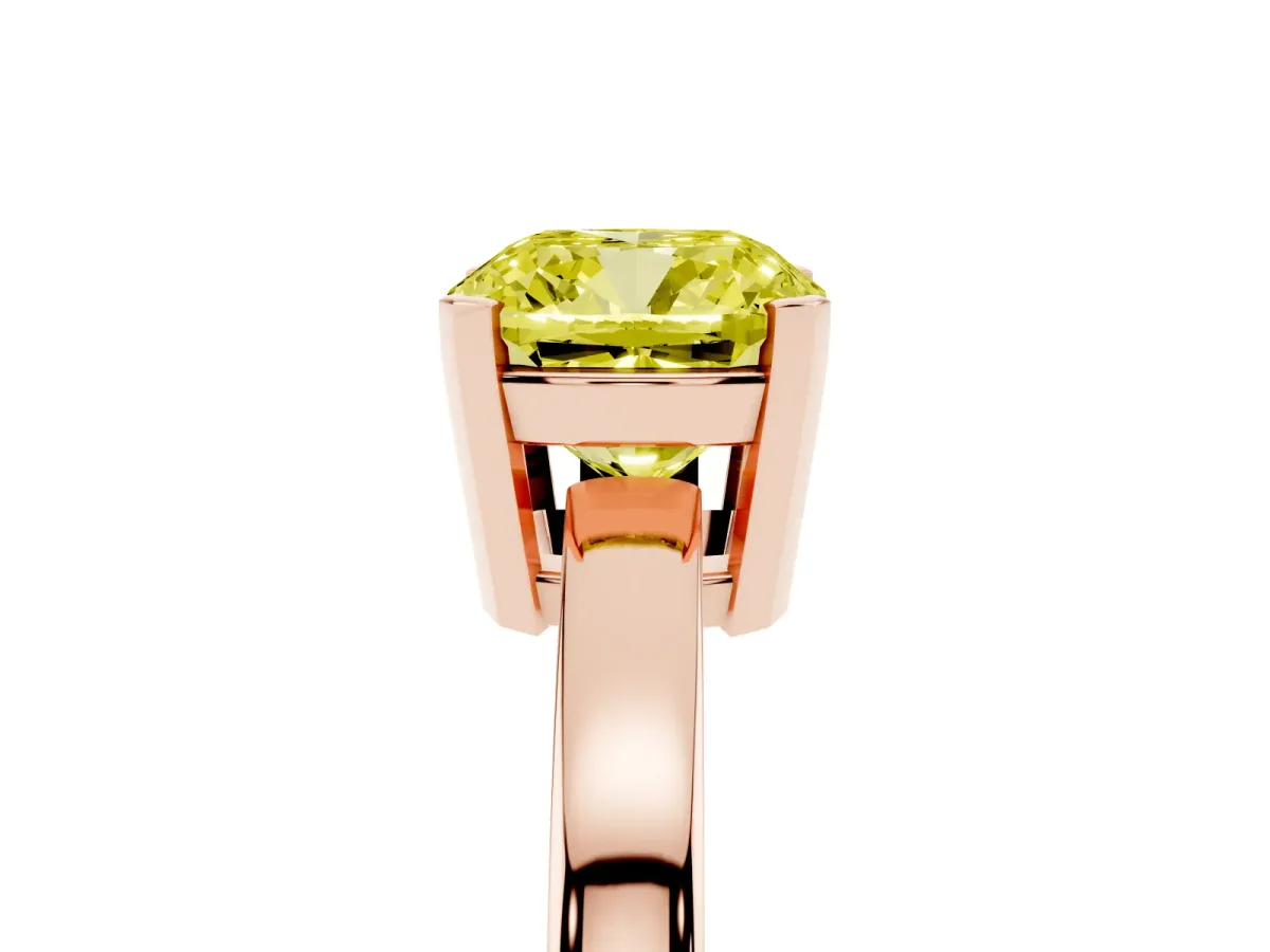 Fancy Yellow Cushion Cut Cut Solitaire Ring with Four-Prong Setting and Classic Band Rose gold