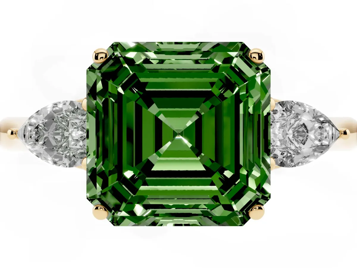 Fancy Green Three-Stone Asscher Cut Brilliant Diamond Solitaire Ring with Tapered Band and Four-Prong Setting Yellow gold
