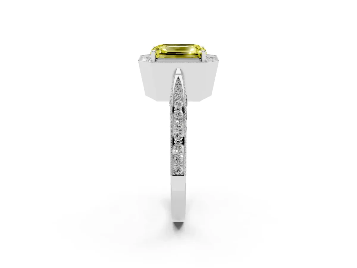 Fancy Yellow Emerald Cut Halo Diamond Engagement Ring with Split Shank Band and Four-Prong Setting Silver