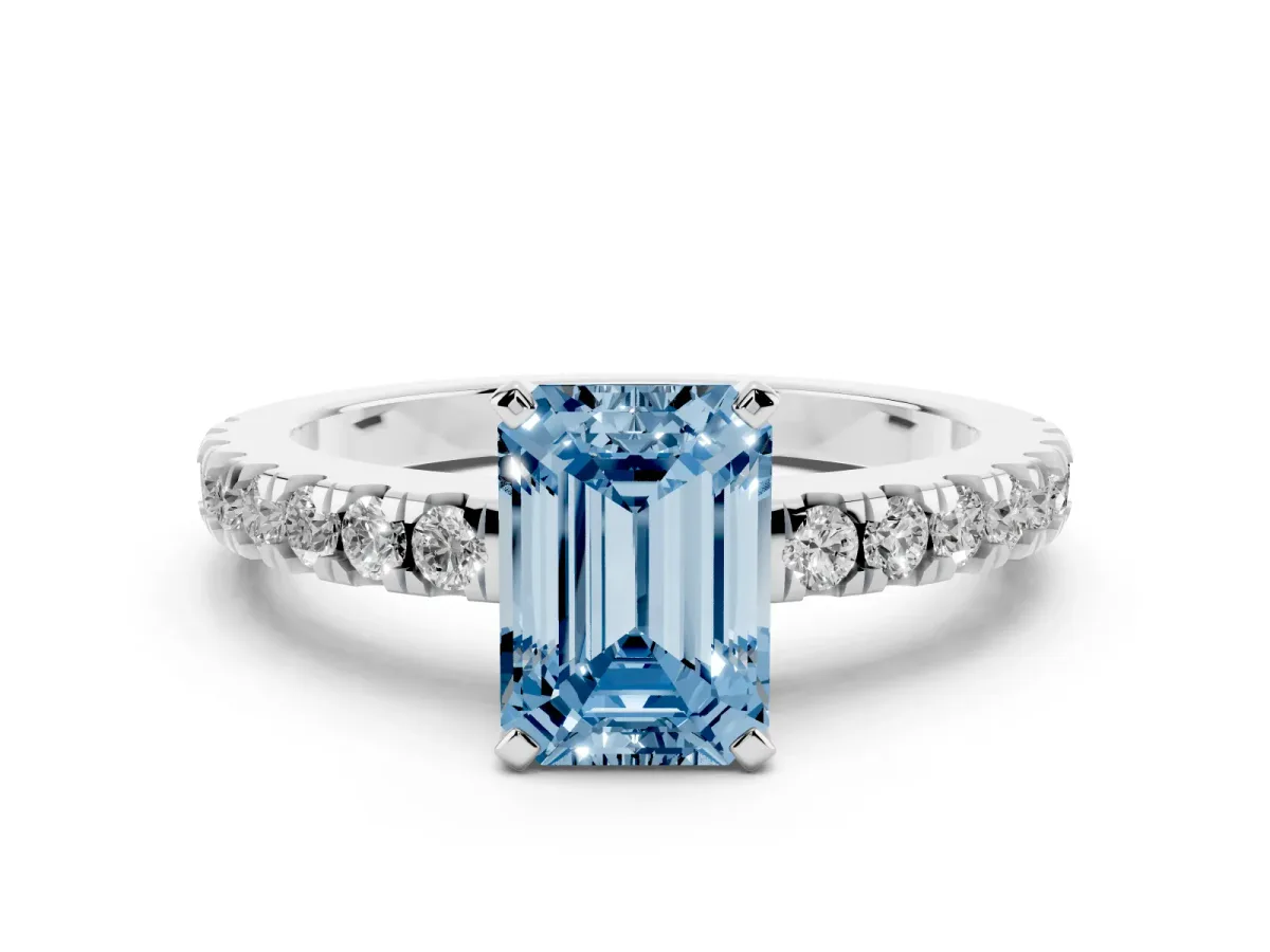 Fancy Blue Emerald Cut Solitaire Diamond with Pavé Band and Four-Prong Setting Silver