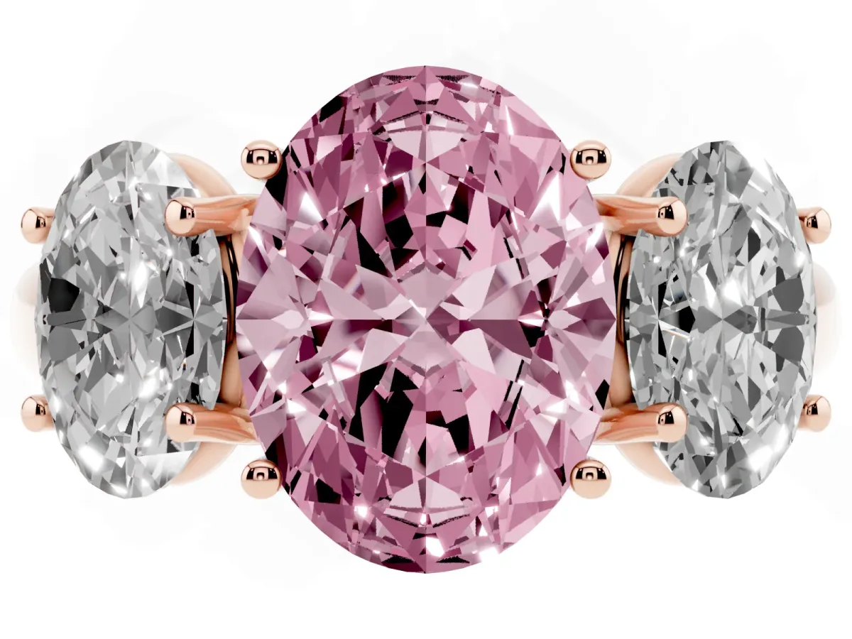 Fancy Pink Three-Stone Oval Cut Diamond Engagement Ring with Prong Setting Rose gold