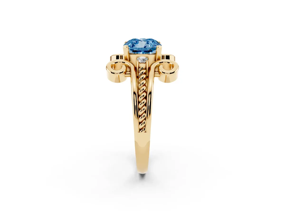 Fancy Blue Cushion Cut Solitaire Twisted Band Scroll Prong Ring Yellow gold