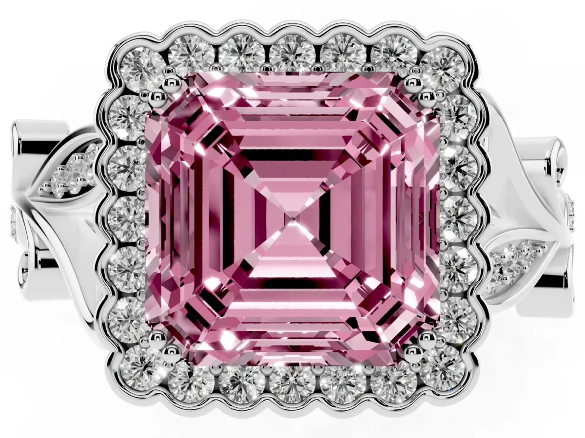 Fancy Pink Asscher Cut Diamond Halo Ring with Vintage Split Shank and Four-Prong Setting Silver