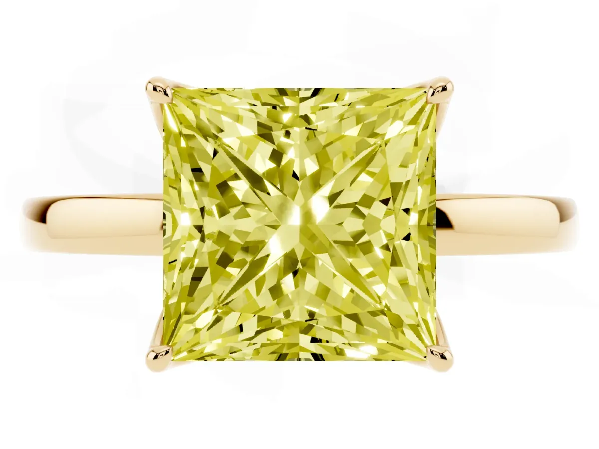 Fancy Yellow Princess Cut Diamond Solitaire Ring with Thin Band and Prong Setting Yellow gold