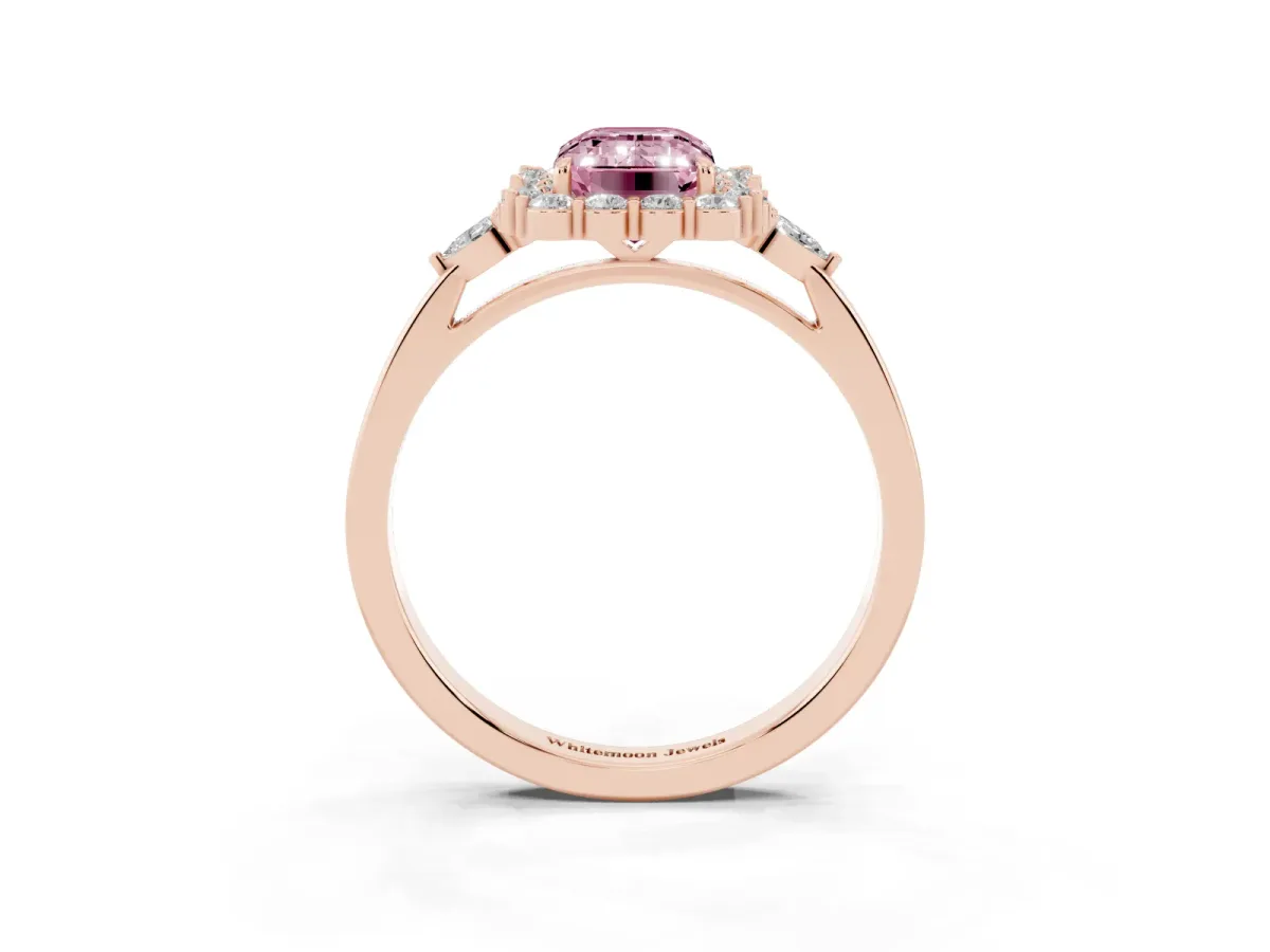 Fancy Pink Emerald Cut Diamond Halo Ring with Pear Side Stones and Prong Setting Rose gold
