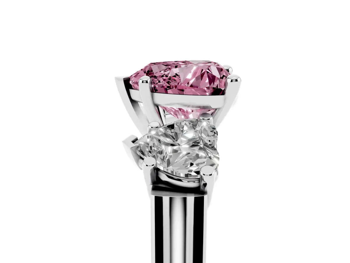 Fancy Pink Three-Stone Heart Cut Brilliant Diamond Trellis Ring with Comfort Fit Band Silver