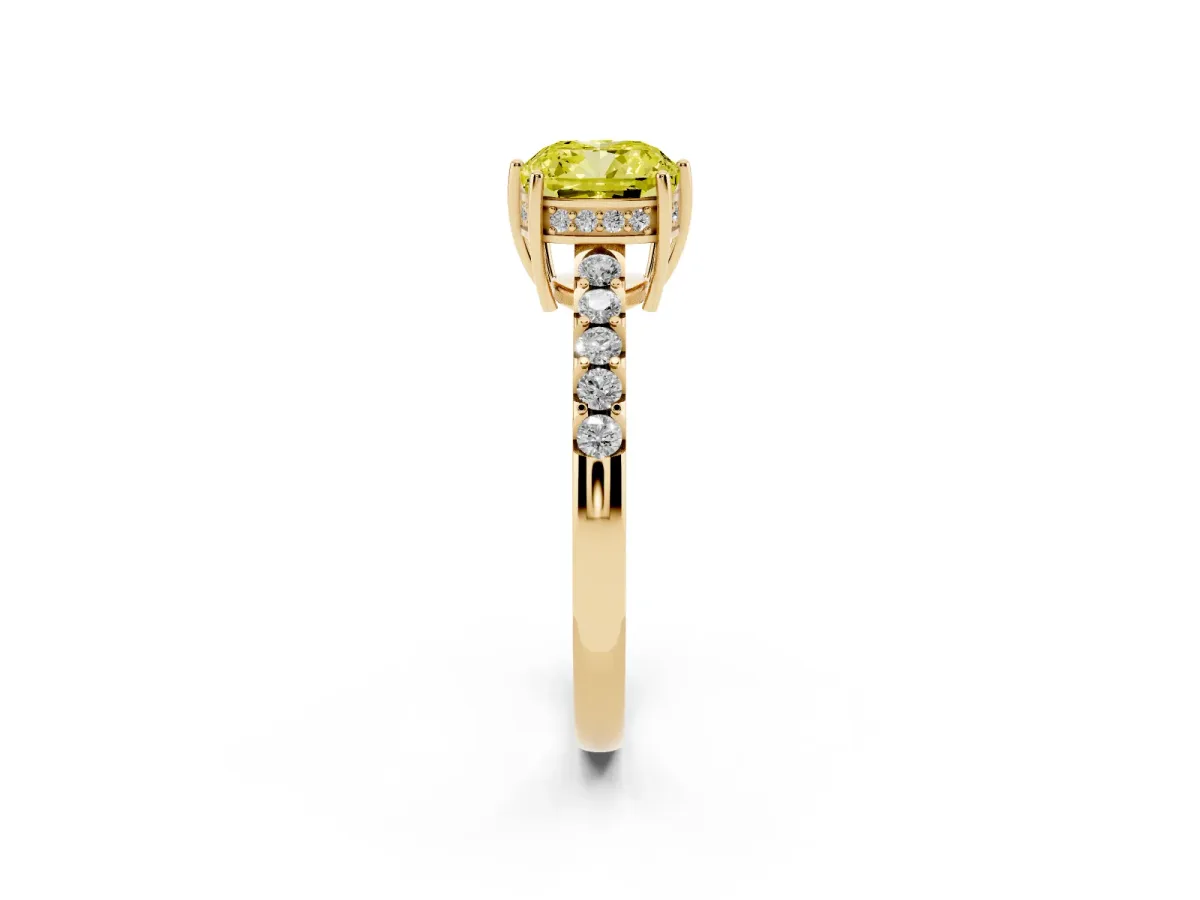 Fancy Yellow Cushion Cut Solitaire Diamond Engagement Ring with Pavé Band and Six-Prong Setting Yellow gold