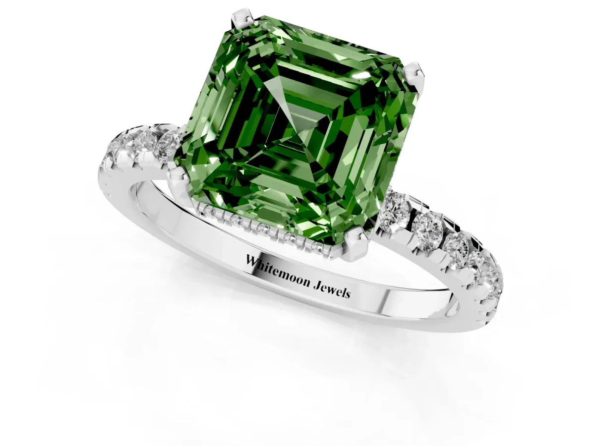Fancy Green Asscher Cut Diamond Solitaire Ring with Round Pavé Band and Four-Prong Setting Silver