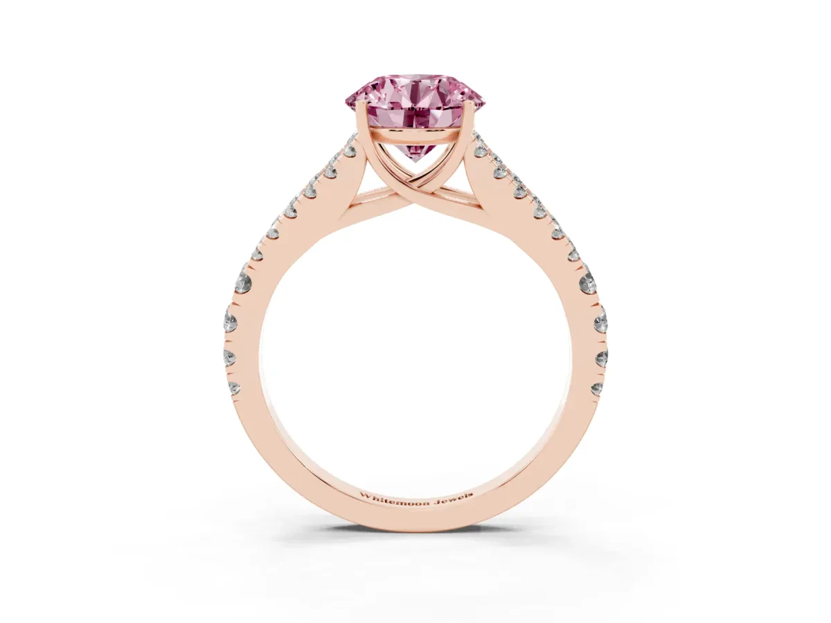 Fancy Pink Round Cut Diamond Split Shank Engagement Ring with Round Pavé and Prong Setting Rose gold