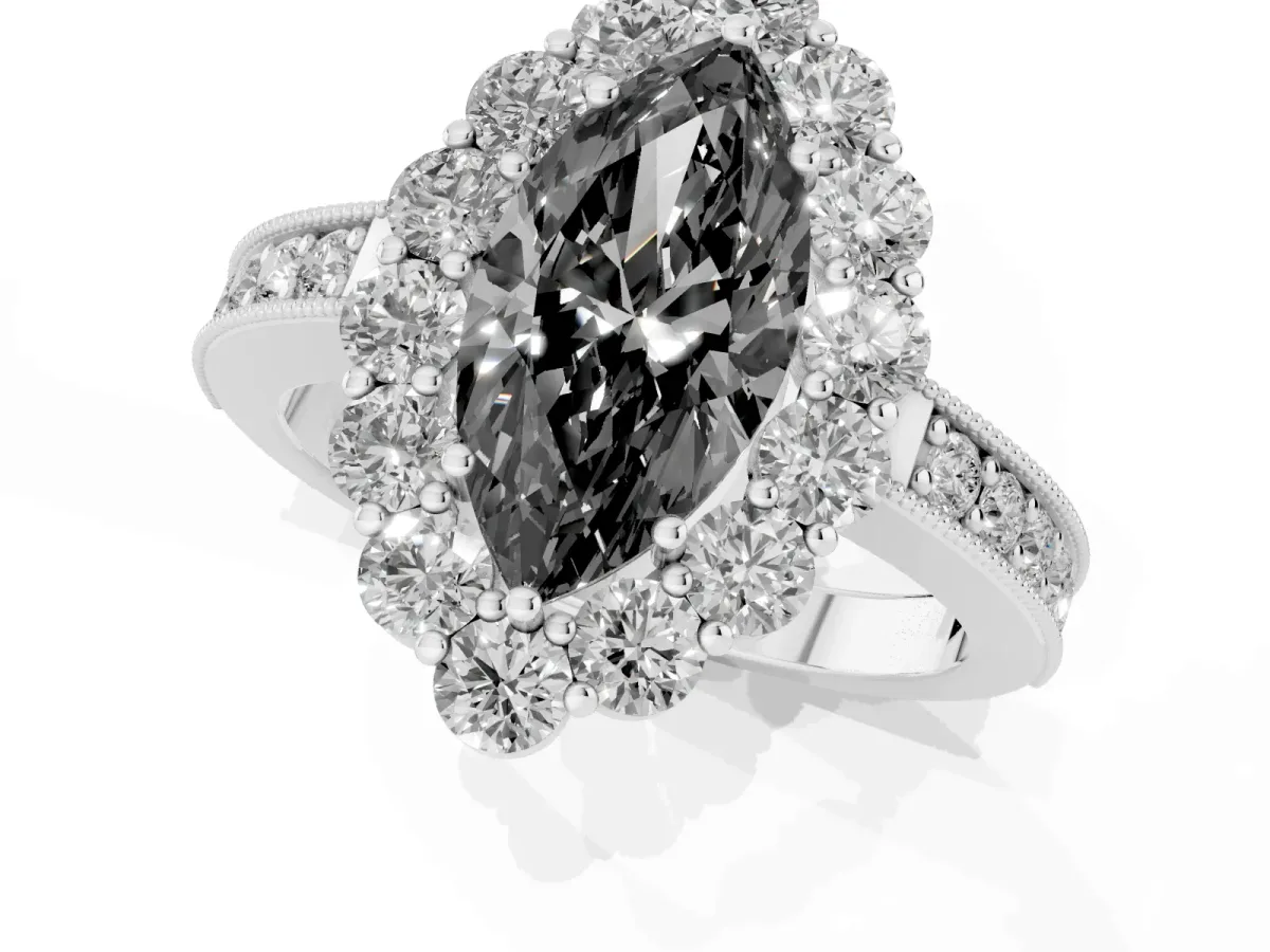 Fancy Black Marquise Cut Cut Halo Diamond Pavé Engagement Ring with Milgrain Detailing Silver