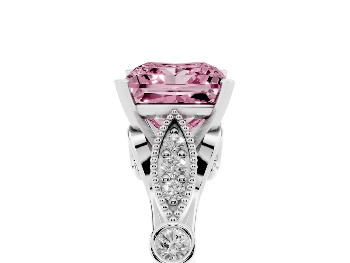 Fancy Pink Princess Cut Cut Diamond with Milgrain Marquise and Bezel Accents on a Solitaire Band with Prong Setting White gold
