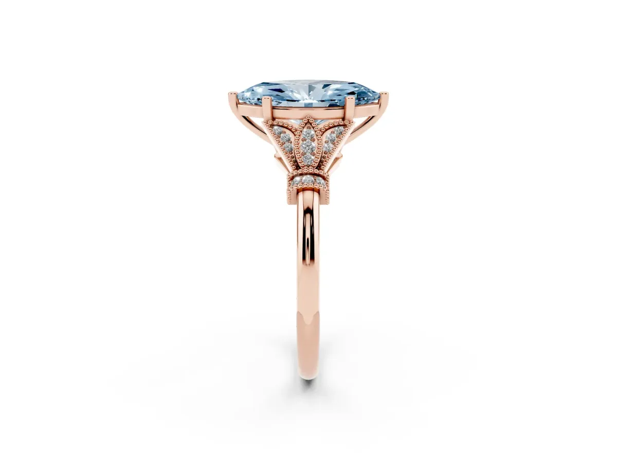 Fancy Blue Marquise Cut Diamond Solitaire Ring with Floral Filigree and Pave Accents Rose gold