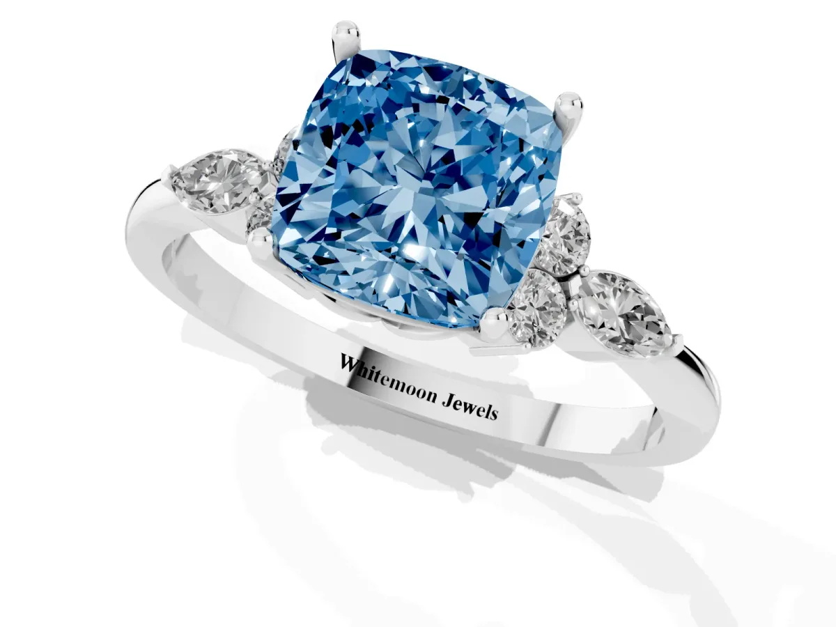 Fancy Blue Cushion Cut Brilliant Diamond Solitaire Ring with Pear Side Stones and Four-Prong Setting White gold