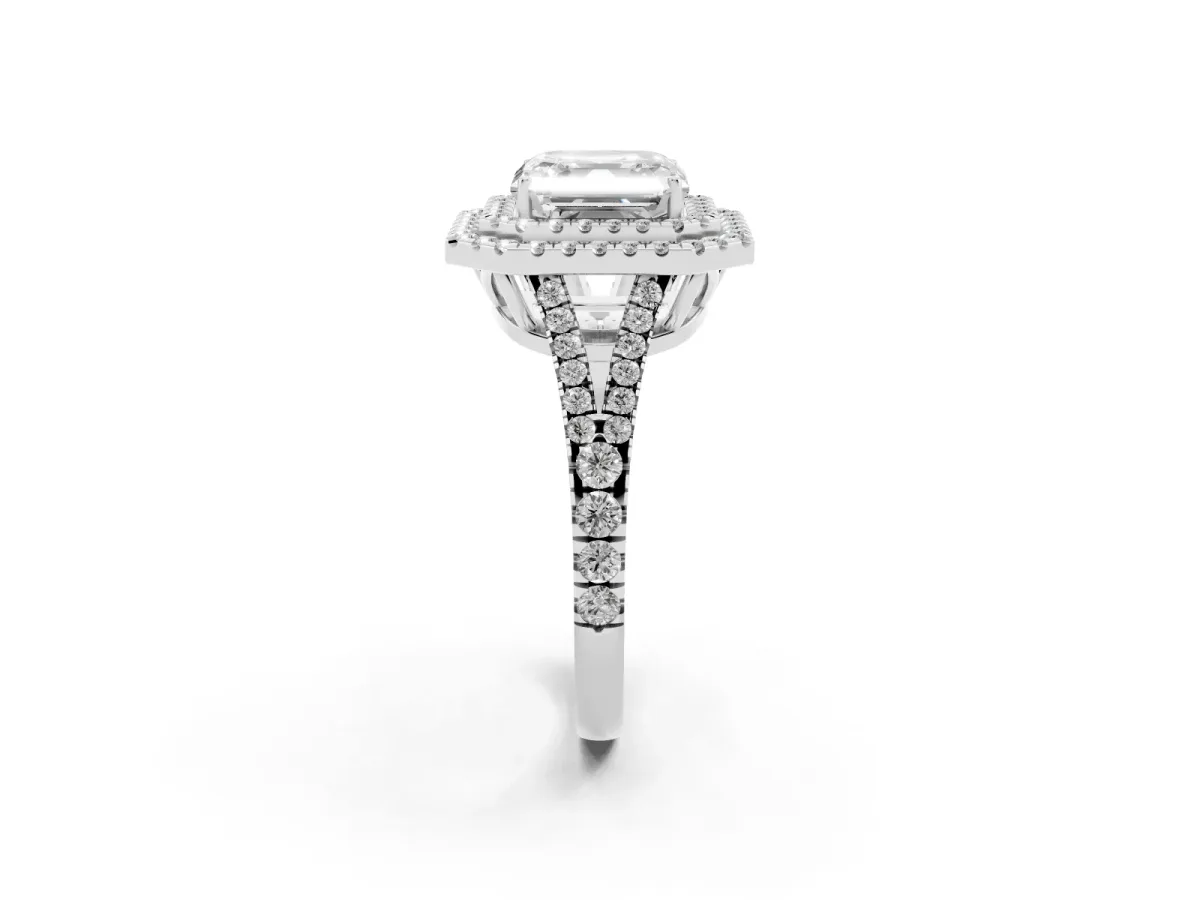 Asscher Cut Diamond Double Halo Ring with Pavé Band and Prong Setting Silver