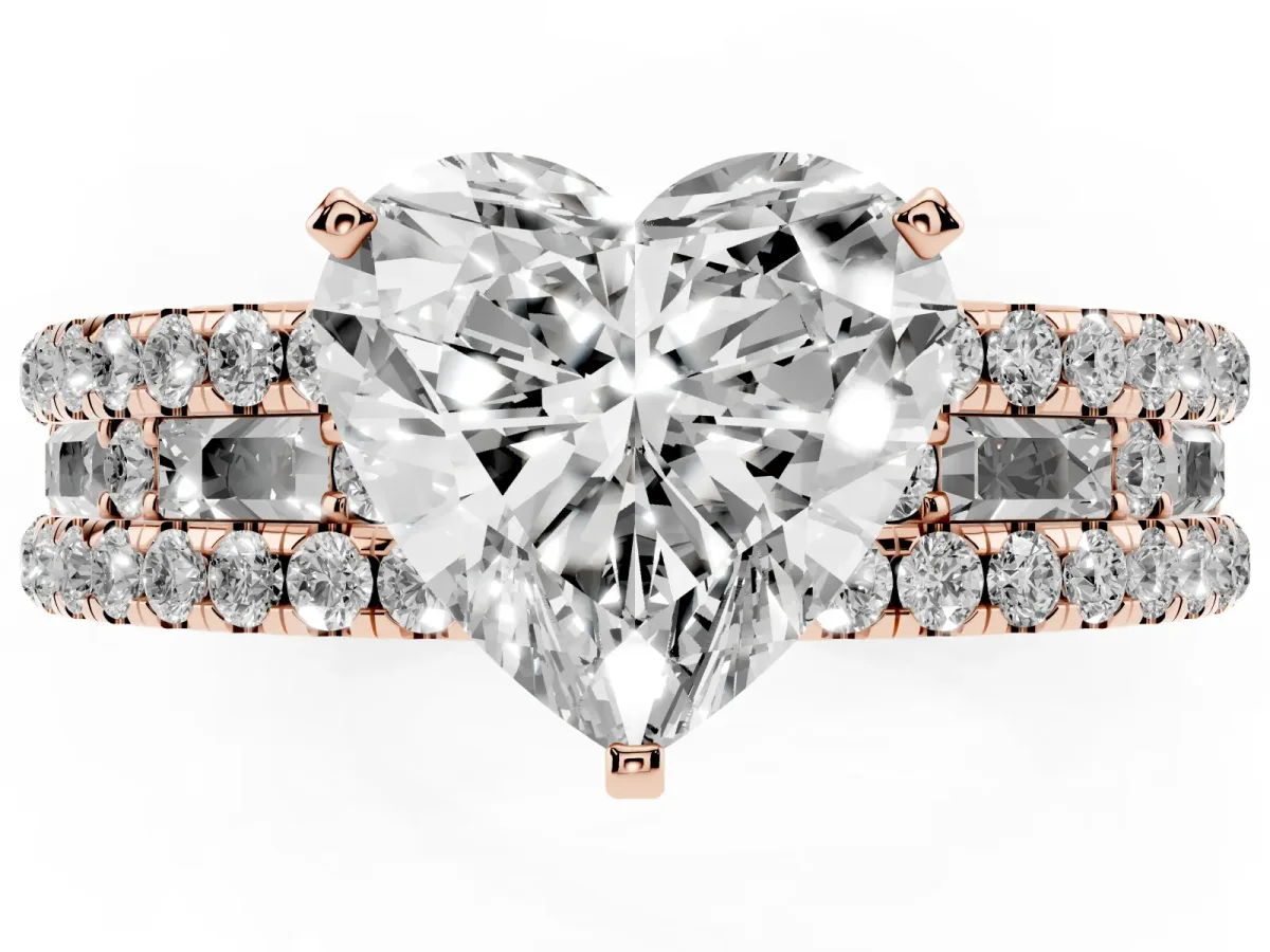 Heart Cut Diamond Solitaire Ring with Pavé and Channel Set Band Rose gold