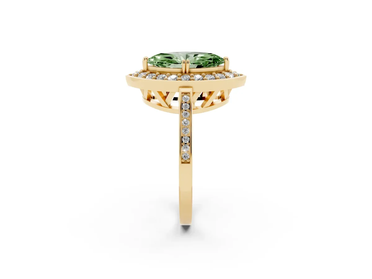 Fancy Green Marquise Cut Diamond Halo Ring with Split Shank and Four-Prong Setting Yellow gold