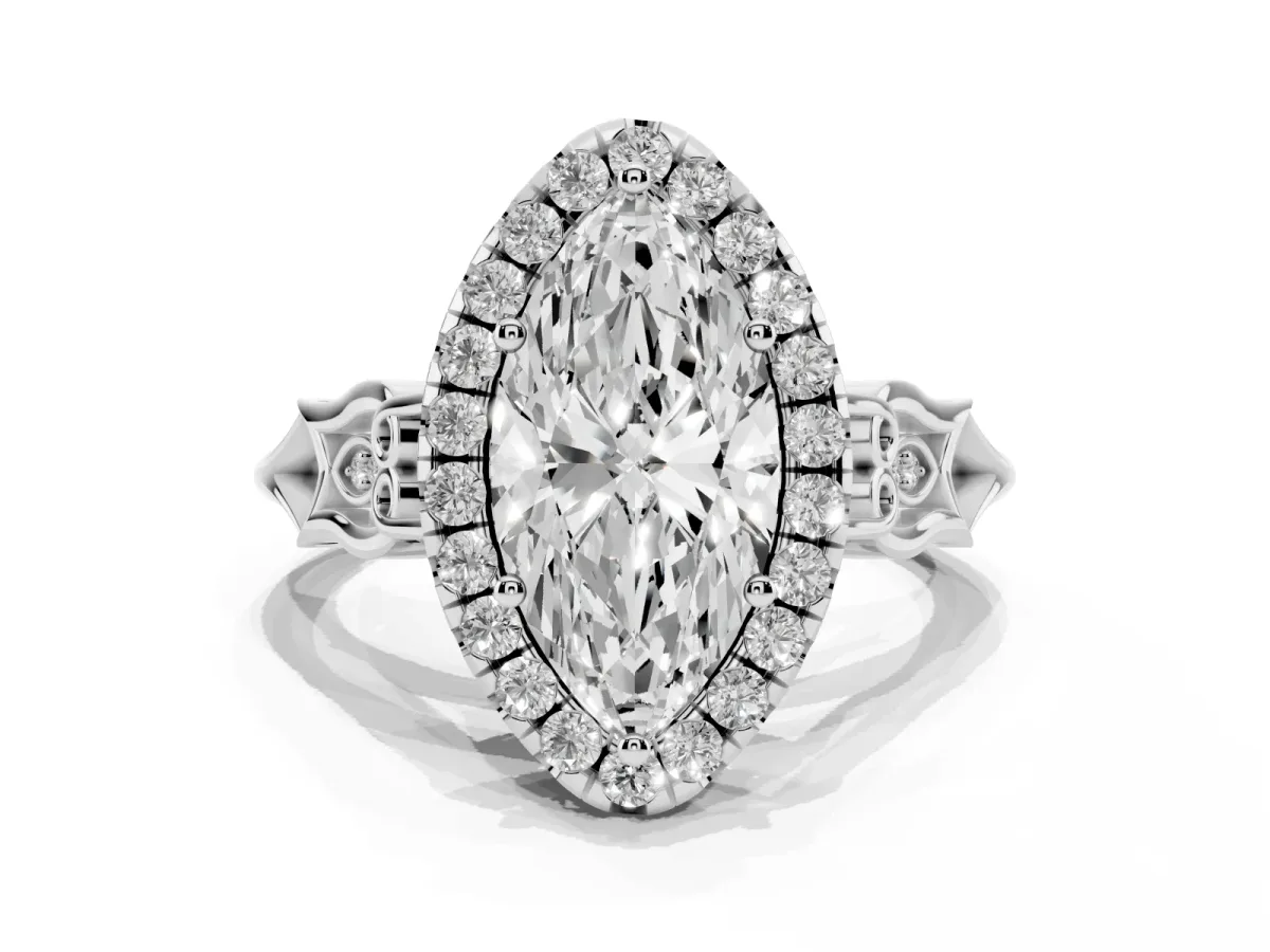 Marquise Cut Halo Diamond Engagement Ring with Filigree Band and Four-Prong Setting White gold