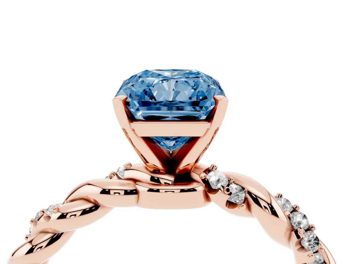 Fancy Blue Radiant Cut Diamond Solitaire Ring with Twisted Band and Pavé Accents Rose gold