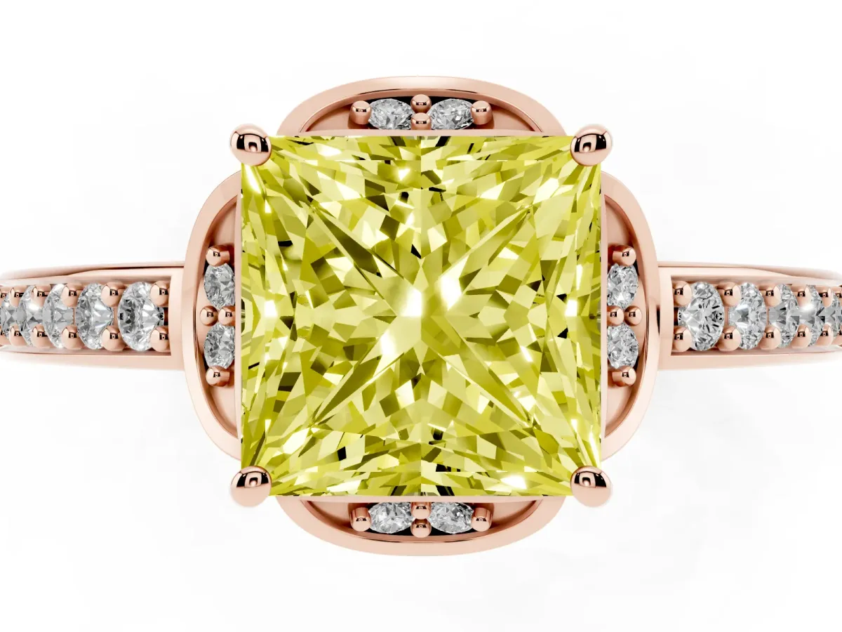 Fancy Yellow Princess Cut Cut Halo Diamond Ring with Channel Set Band and Four-Prong Setting Rose gold