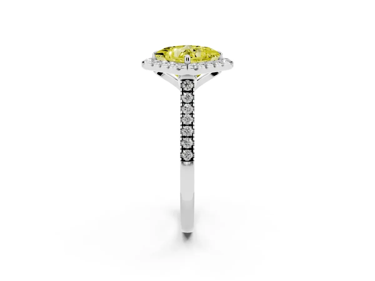 Fancy Yellow Princess Cut Diamond Cushion Halo Ring with Pavé Band White gold