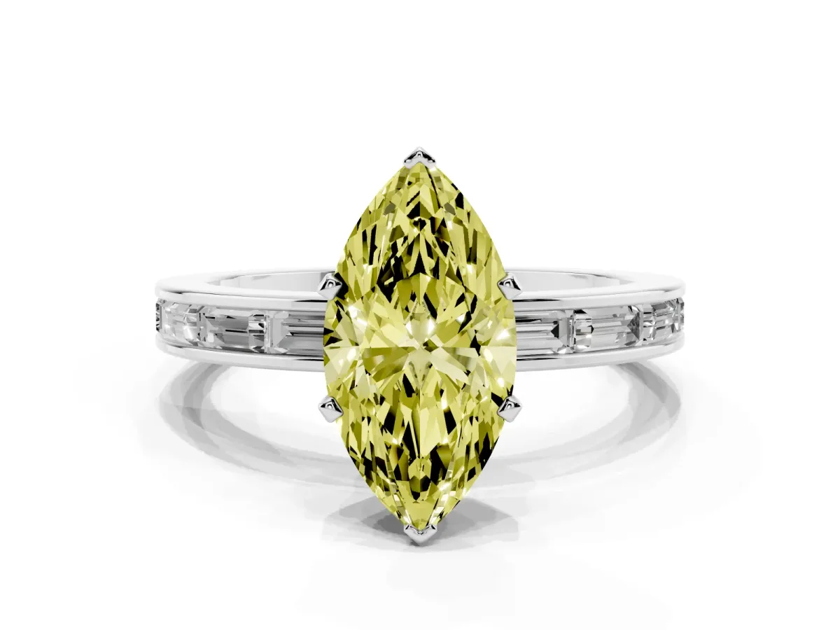 Fancy Yellow Marquise Cut Solitaire Diamond Ring with Channel-Set Baguette Band and Four-Prong Setting Silver