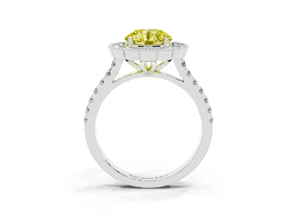 Fancy Yellow Round Cut Cut Diamond Milgrain Floral Halo Engagement Ring with Pavé Band Platinum