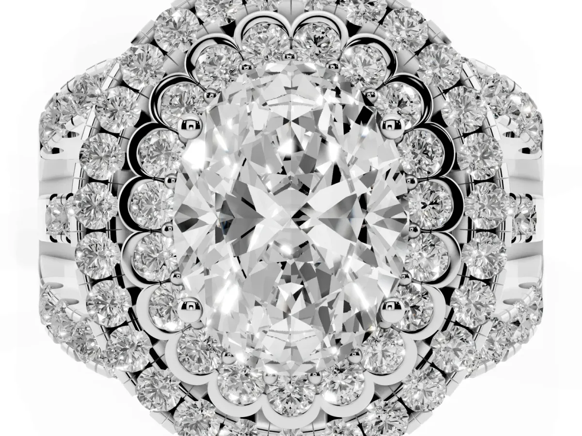 Oval Cut Diamond Double Halo Ring with Round Pavé Split Shank and Prong Setting Silver