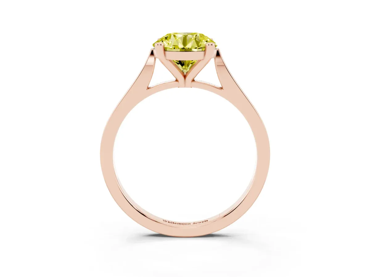 Fancy Yellow Round Cut Solitaire Diamond Ring with Four-Prong Setting and Tapered Band Rose gold