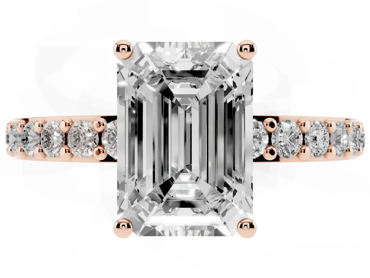 Emerald Cut Cut Diamond Solitaire with Pave Band and Four-Prong Setting Rose gold