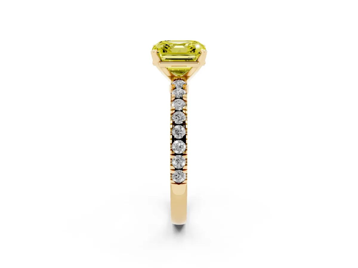 Fancy Yellow Asscher Cut Solitaire Diamond with Pavé Band and Four-Prong Setting Yellow gold