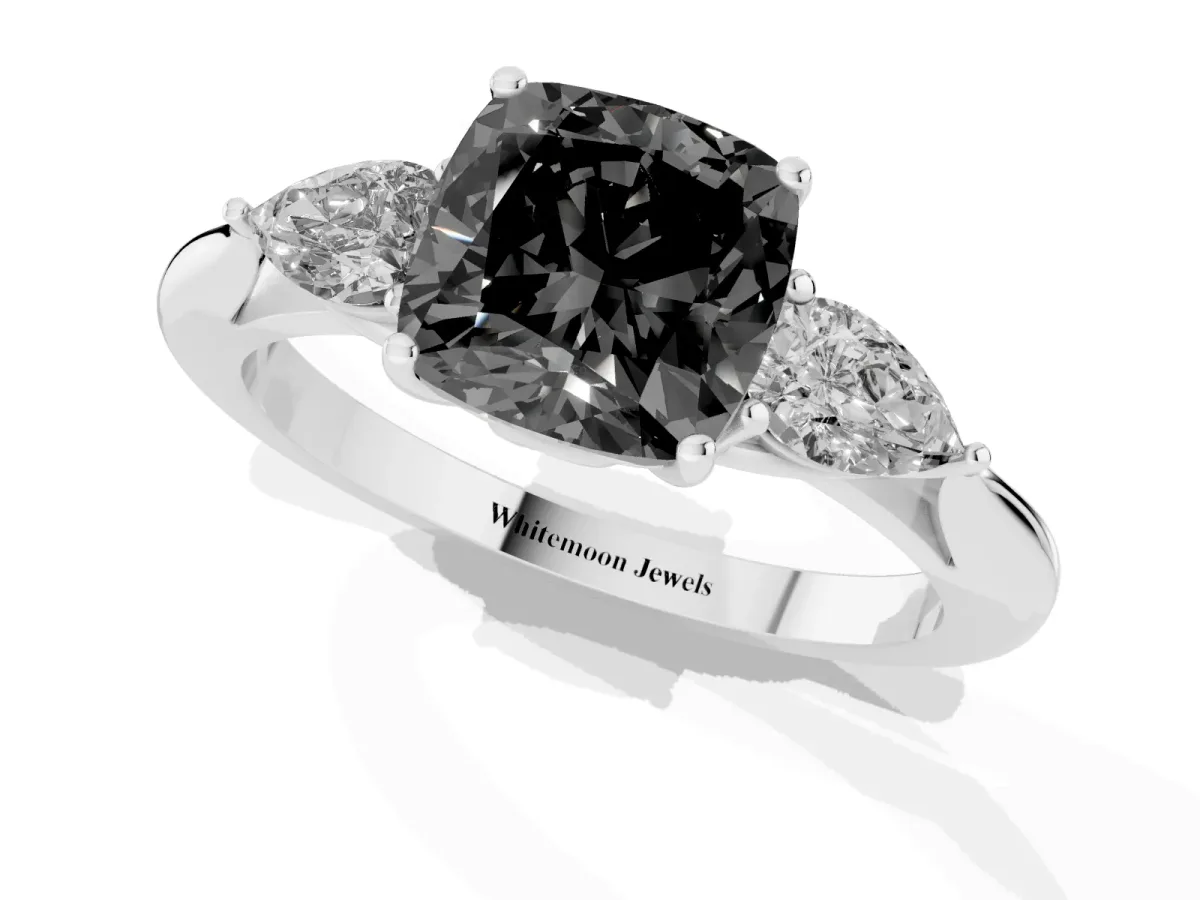 Fancy Black Three-Stone Cushion Cut Brilliant Diamond Solitaire Ring with Tapered Band and Four-Prong Setting Silver