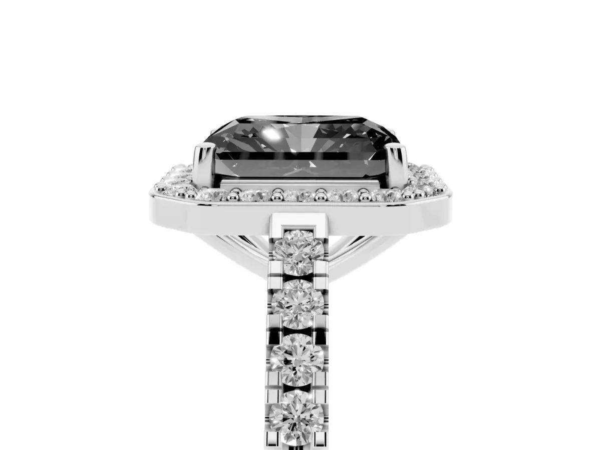 Fancy Black Radiant Cut Diamond Halo Ring with Round Pavé Split Shank and Prong Setting Silver
