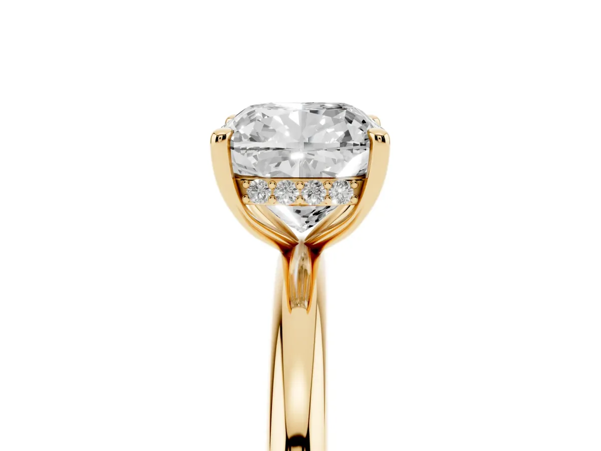 Cushion Cut Diamond Solitaire Ring with Thin Band and Four-Prong Setting Yellow gold