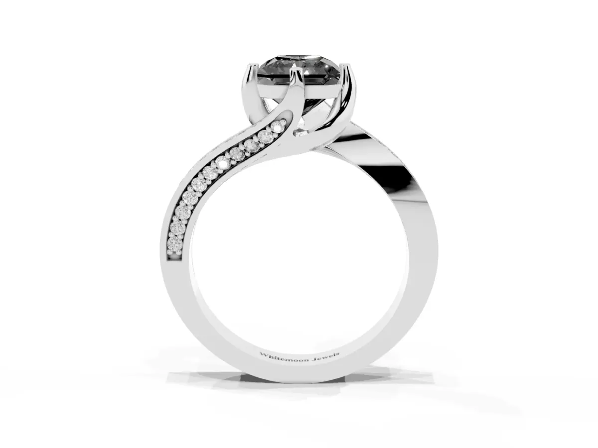 Fancy Black Radiant Cut Solitaire Diamond Twist Band with Pavé Setting and Four-Prong Setting Silver